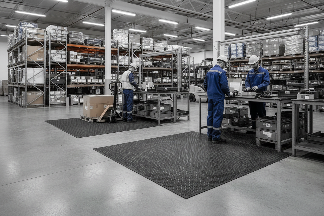 Image of people working in a warehouse standing on a industrial rubber mat