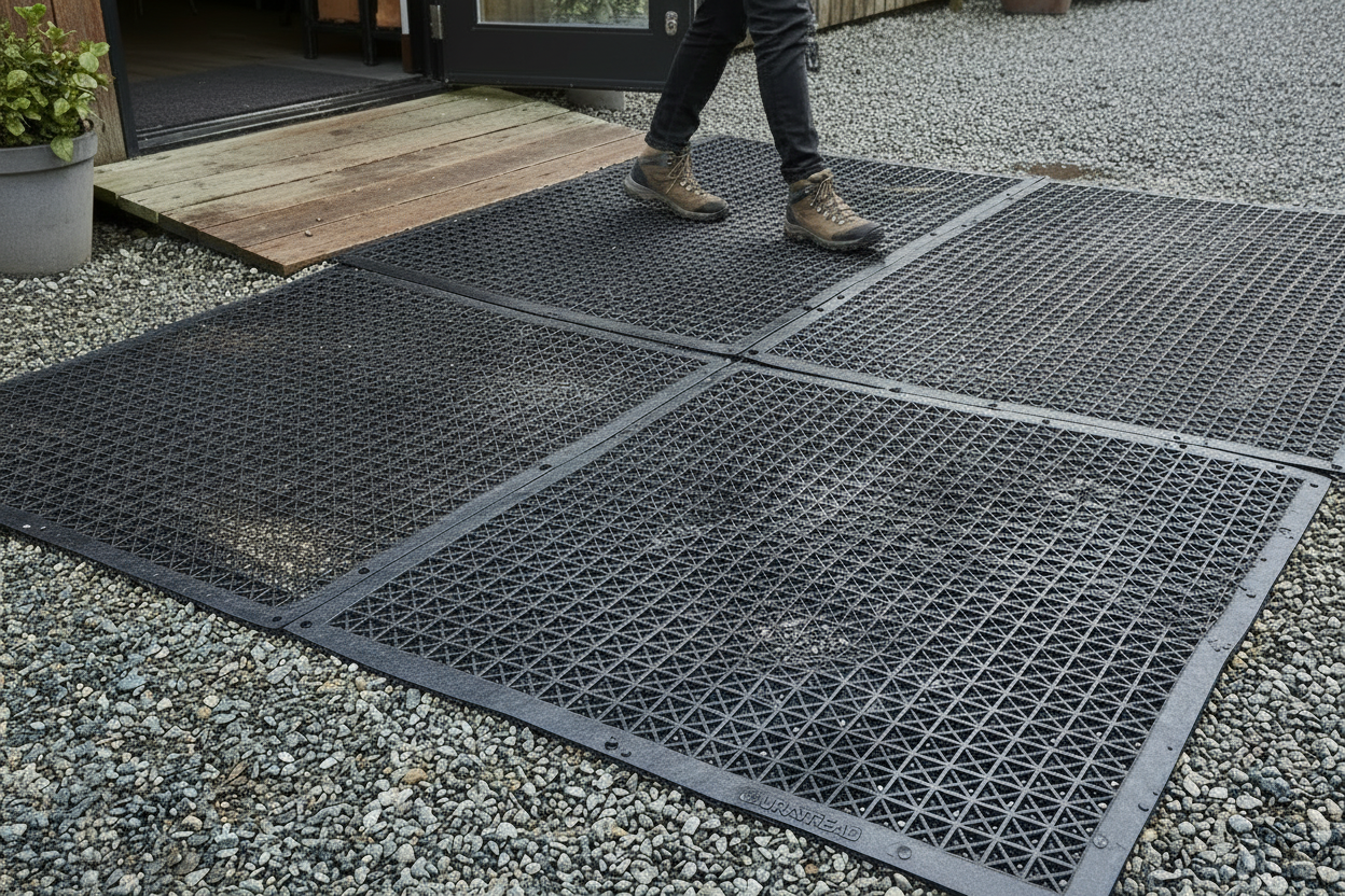 Person standing on top of heavy duty rubber mats outdoors